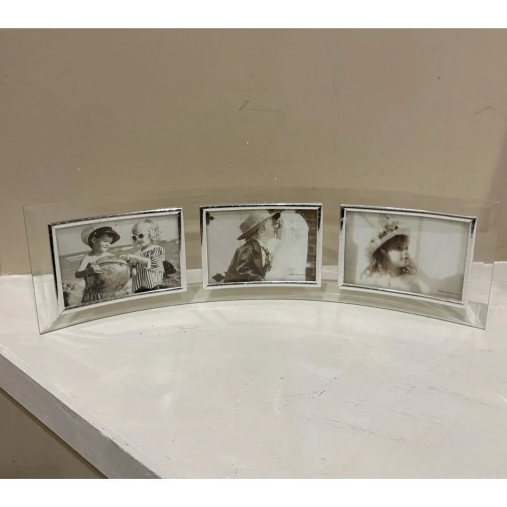 Curved Glass Triple Picture Frame 3 Photo Beveled Silver Desk Mantel Holder Bent
